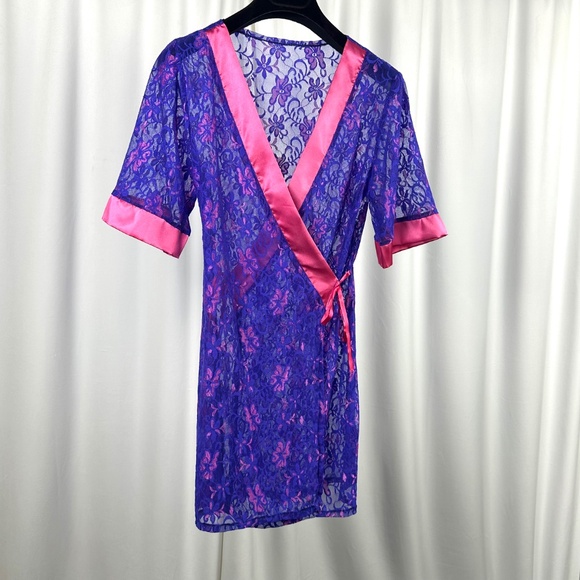 Vintage Purple Lace Wrap Robe Pink Satin Trim 80s Lingerie - Picture 3 of 16